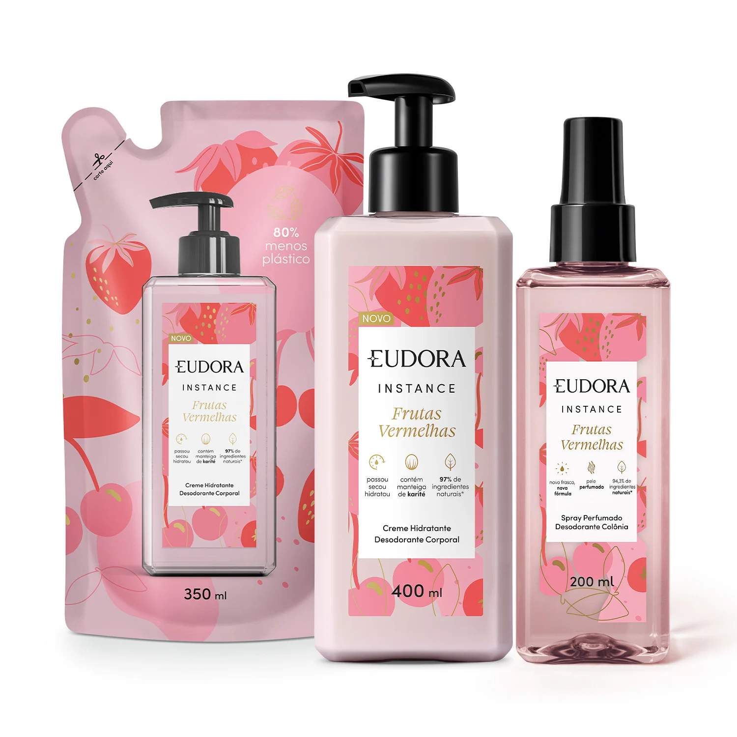 Combo Instance Frutas Vermelhas: Loção Corporal 400ml + Spray Corporal 200ml + Refil Loção Corporal 350ml